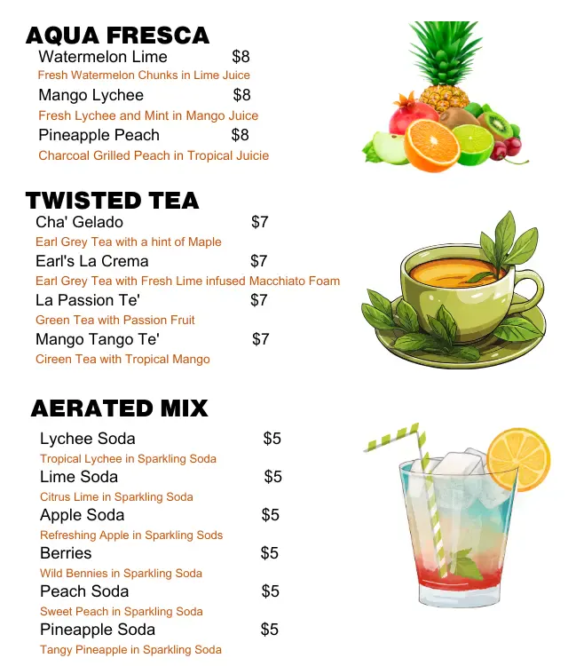 Aqua fresca twisted tea and Aerated mix menu and prices