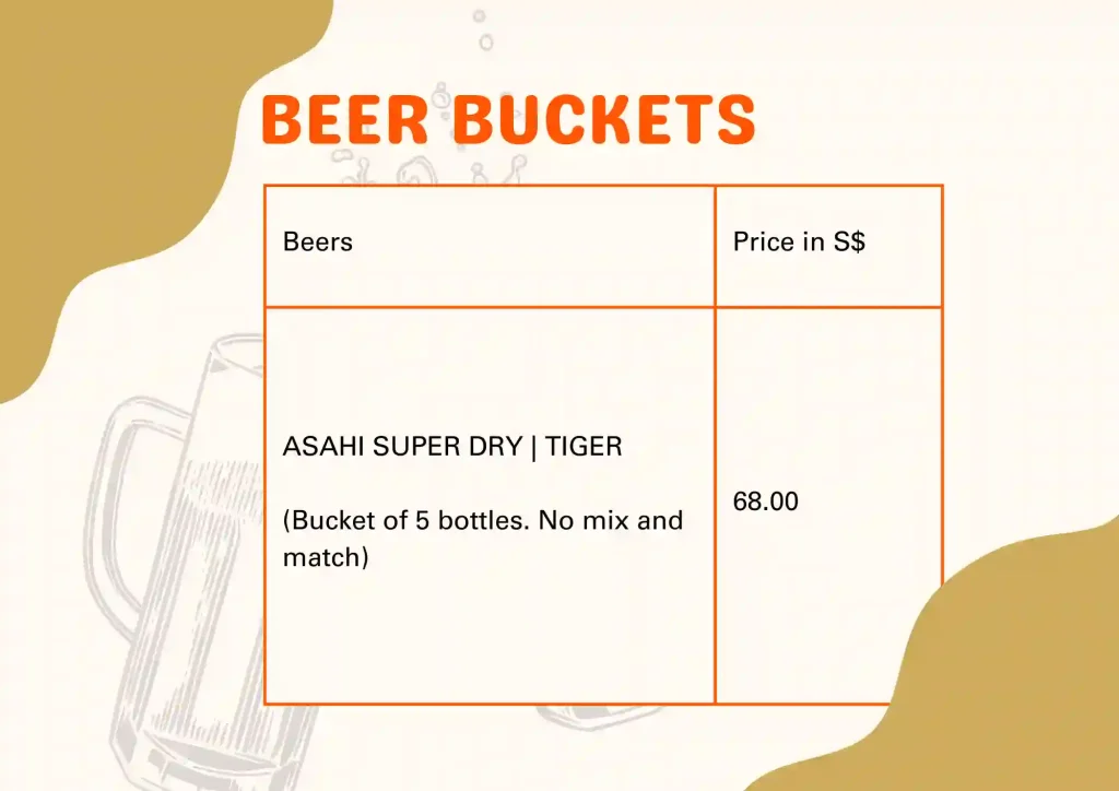 Beer buckets menu and prices 