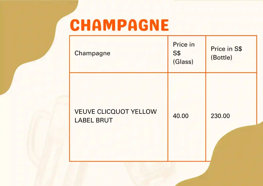 Champagne menu and prices