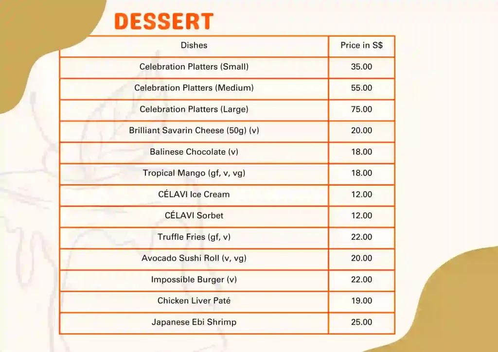 Dessert menu and prices 