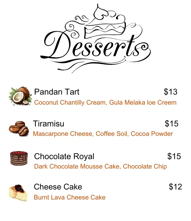 Desserts menu and prices