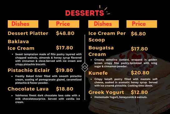 Desserts menus and prices 