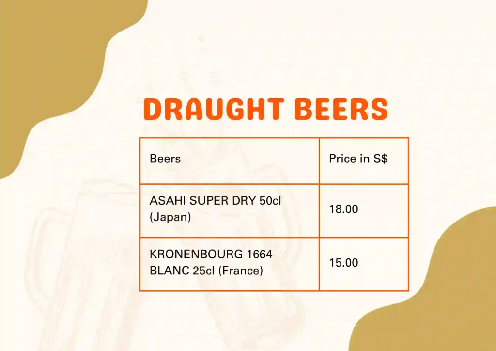 Draught  beers menu and prices