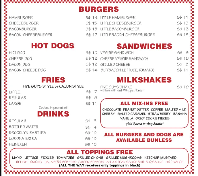 FIVE GUYS SINGAPORE MENU