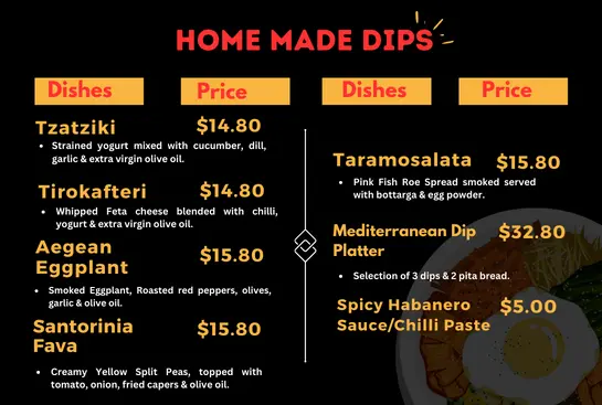 Home made dips menu and prices 