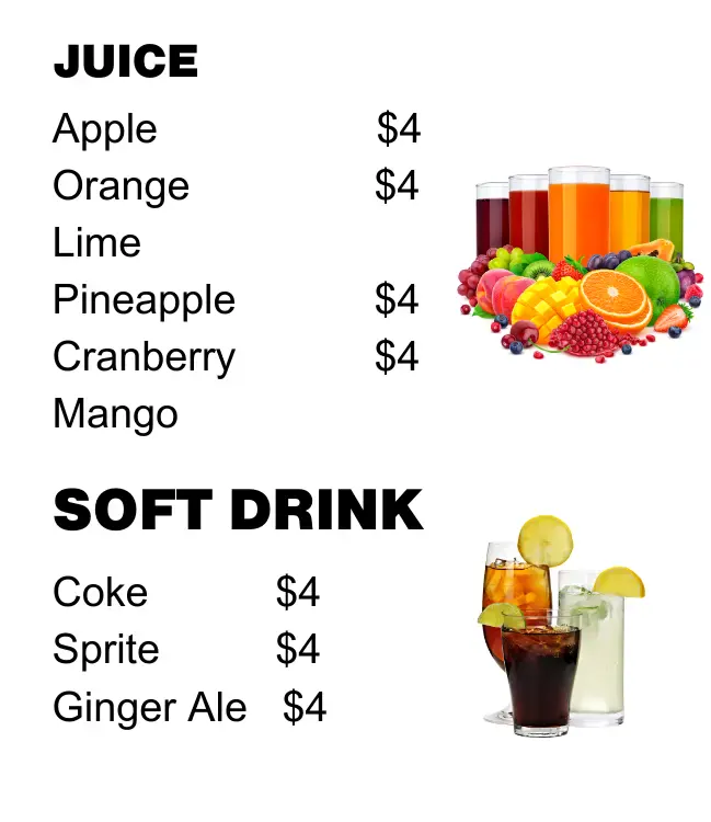 Juices  and soft drinks menu and prices 