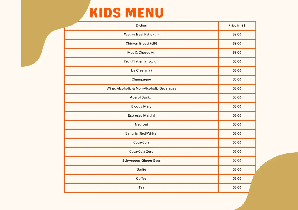 Kids menu prices 