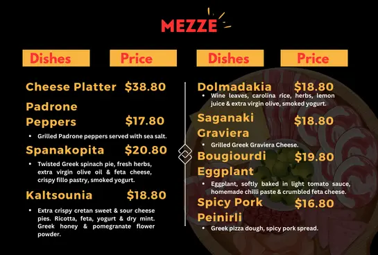 Mezze menu and prices 