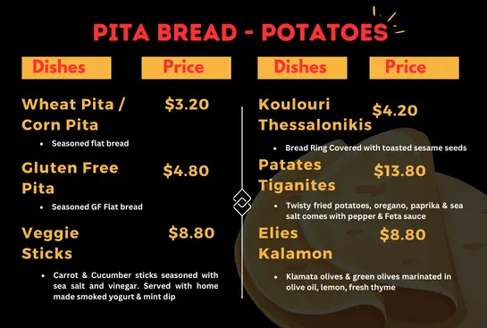 Pita bread-potatoes menu and prices 