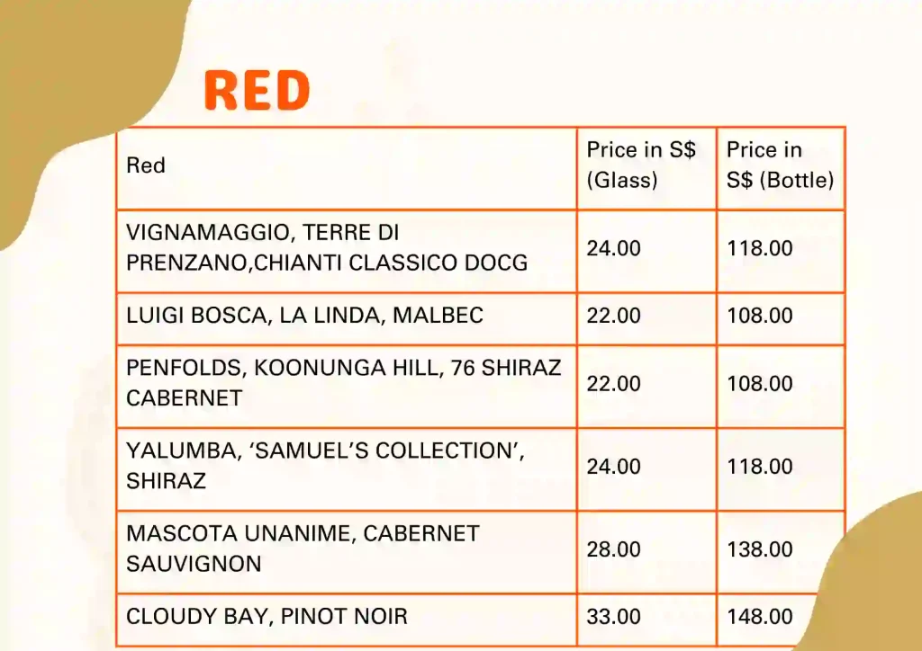 Red menu and prices 