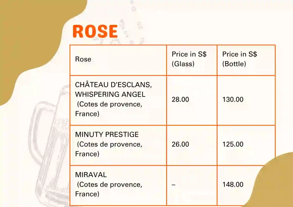 Rose menu price table 