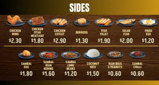 Sides menu and prices