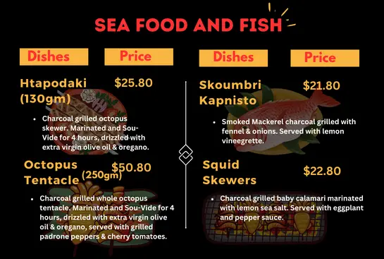 Seafood and fishes menu and prices 