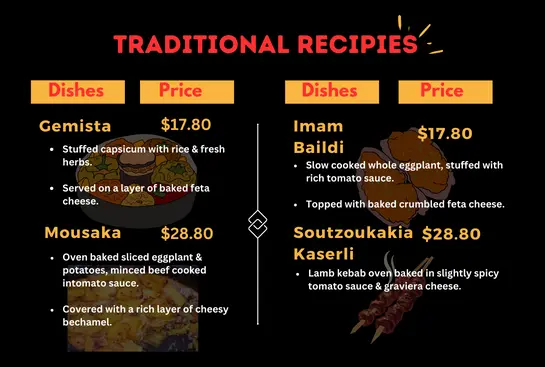 Traditional recipies menu and prices 