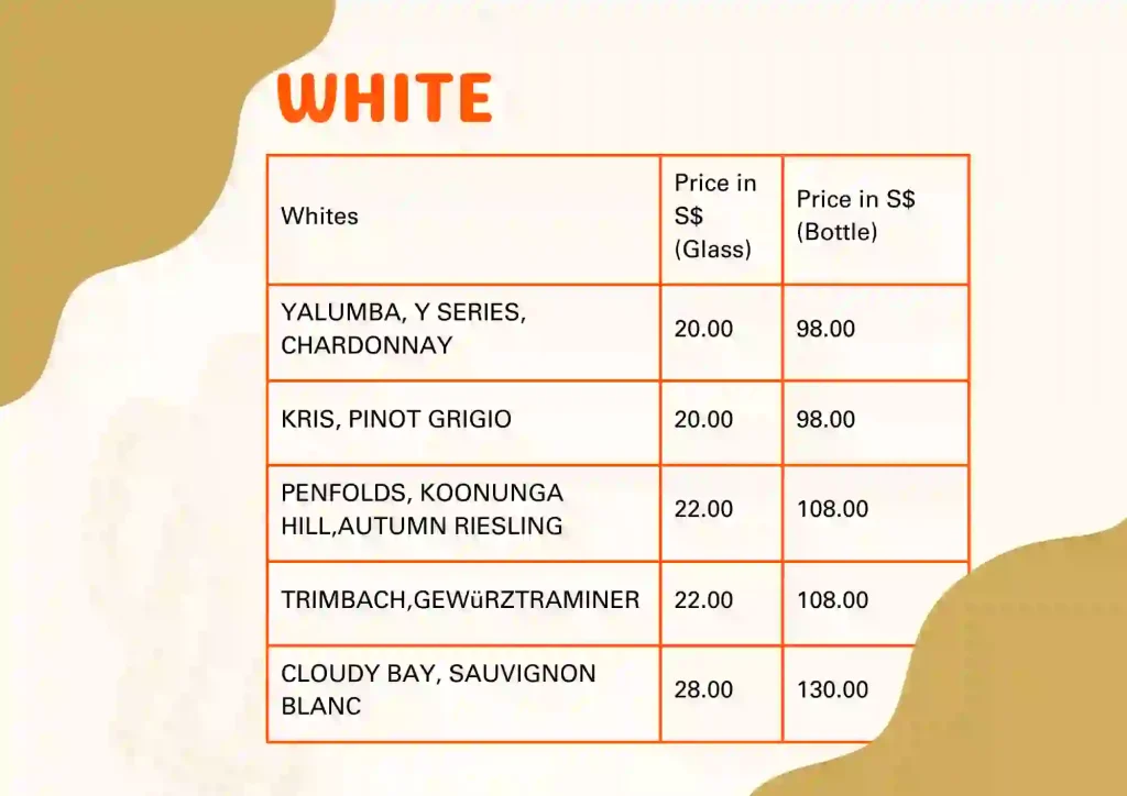 White menu and prices 