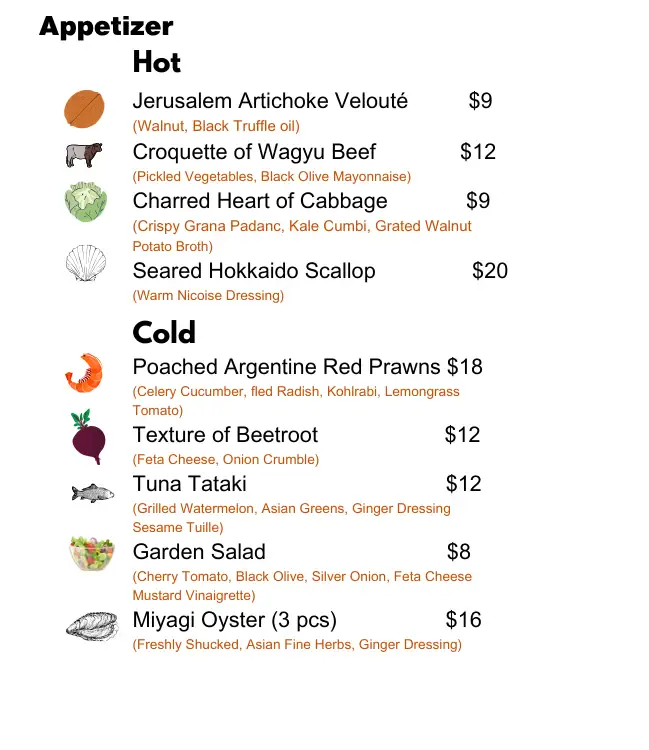 Appetizers hot and cold menu