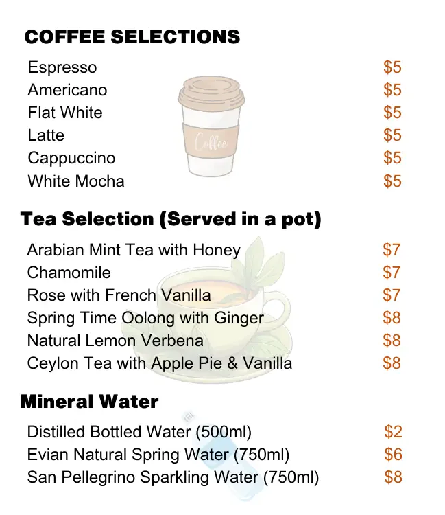 Coffee tea and mineral water menu and prices