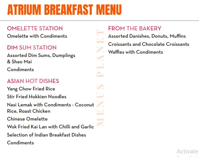 Attrium Buffet Breakfast Menu