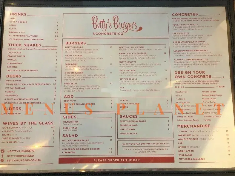 Bettys Burger Menu